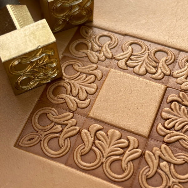 Ornamental leather stamp LT121 — brass stamping tool with imprint on natural veg-tan leather
