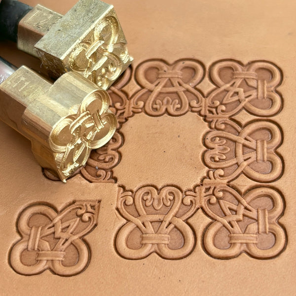 Geometric leather stamp LT128 — brass stamping tool with imprint on natural veg-tan leather