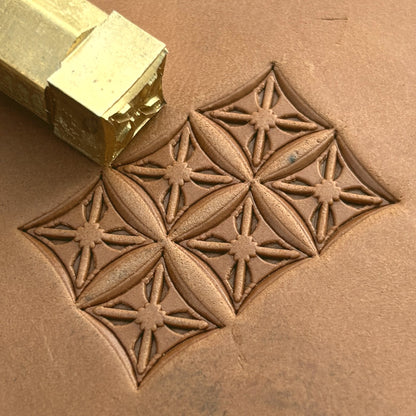 Star Grid Geometric leather stamp LT130 — brass stamping tool with imprint on natural veg-tan leather