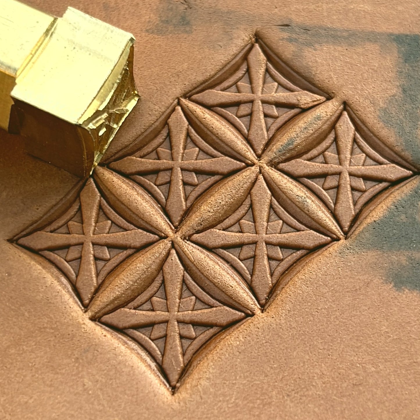Cross Lattice Geometric leather stamp LT131 — brass stamping tool with imprint on natural veg-tan leather