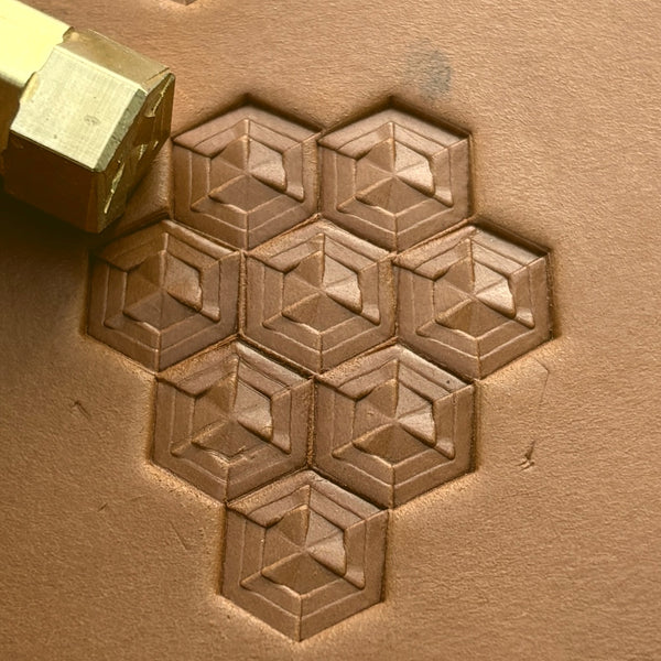 Hexagon Cube Geometric leather stamp LT132 — brass stamping tool with imprint on natural veg-tan leather