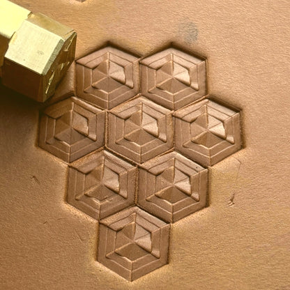 Hexagon Cube Geometric leather stamp LT132 — brass stamping tool with imprint on natural veg-tan leather