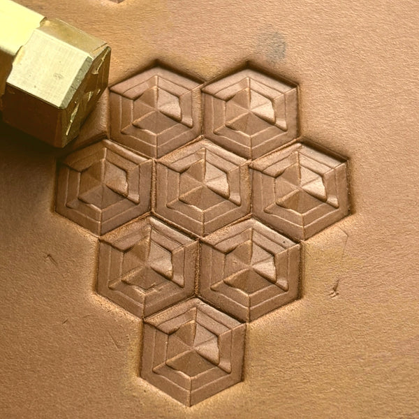 Hexagon Cube Geometric leather stamp LT132 — brass stamping tool with imprint on natural veg-tan leather