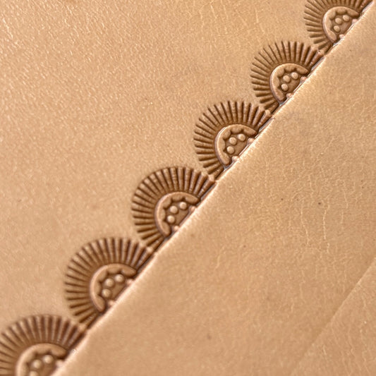 Sunrise leather stamp LT133 — brass stamping tool with imprint on natural veg-tan leather