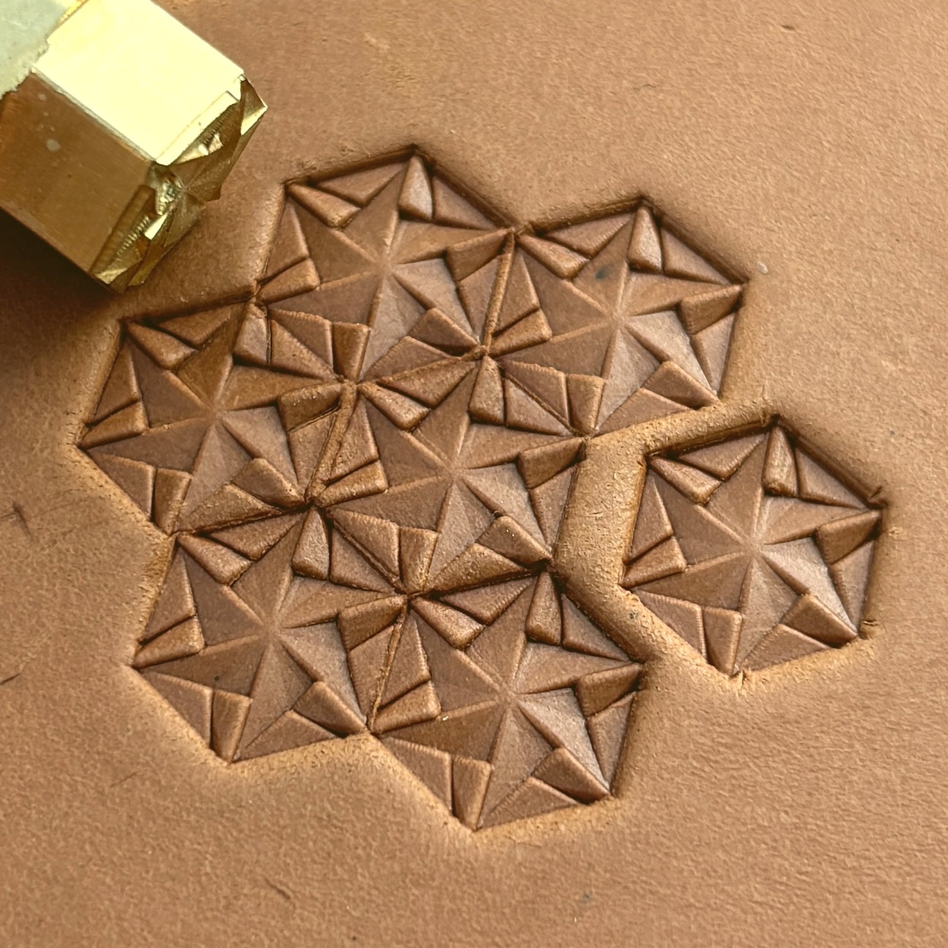 Star Mosaic Geometric leather stamp LT135 — brass stamping tool with imprint on natural veg-tan leather