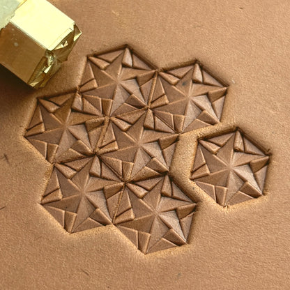 Star Mosaic Geometric leather stamp LT135 — brass stamping tool with imprint on natural veg-tan leather