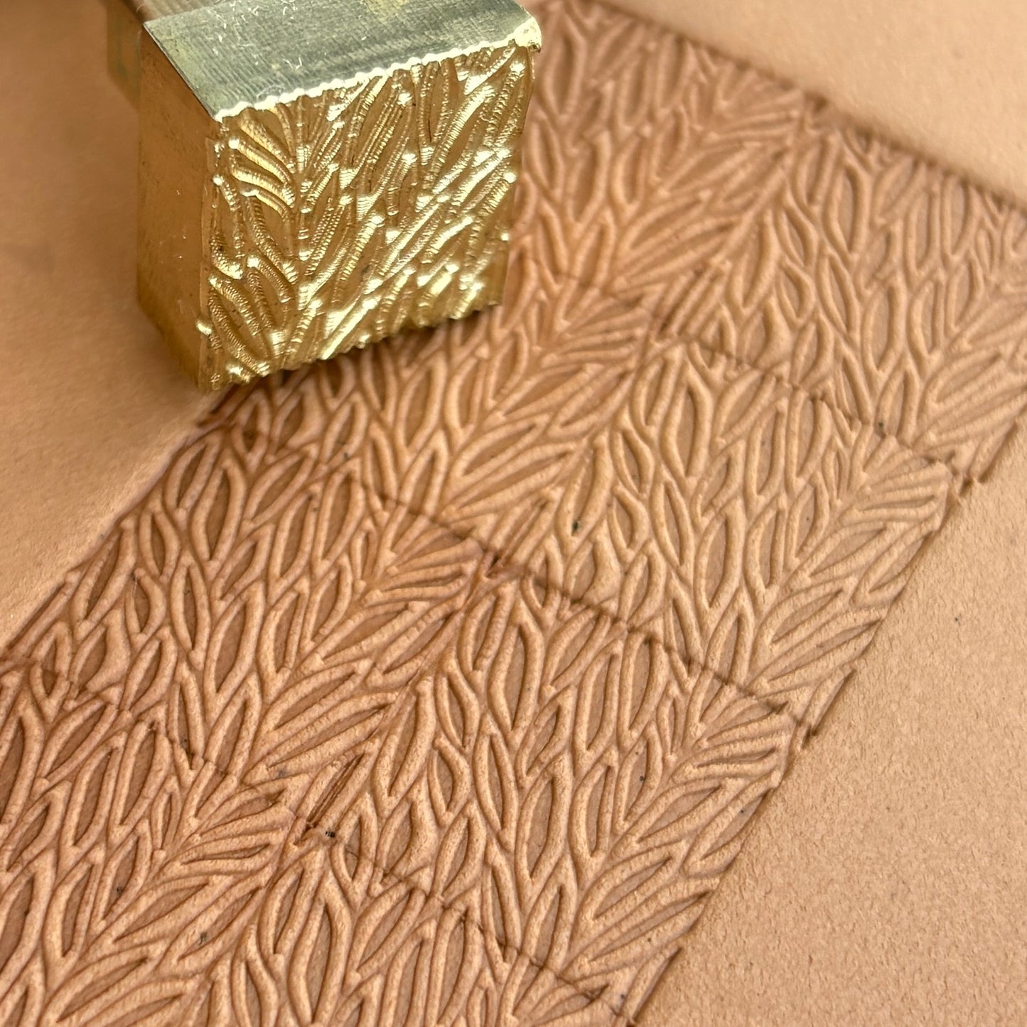 Leafy Texture leather stamp LT138 — brass stamping tool with imprint on natural veg-tan leather