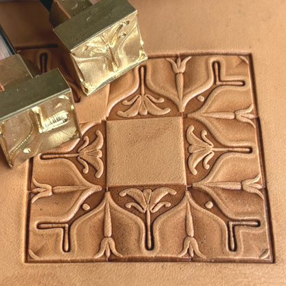 Ornate Tile leather stamp LT139 — brass stamping tool with imprint on natural veg-tan leather