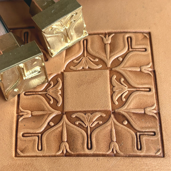 Ornate Tile leather stamp LT139 — brass stamping tool with imprint on natural veg-tan leather