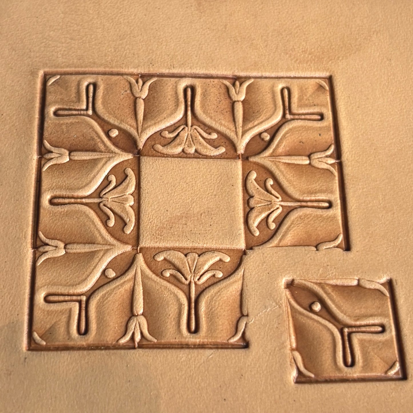 Ornate Tile leather stamp LT139 — pattern imprint on veg-tan leather