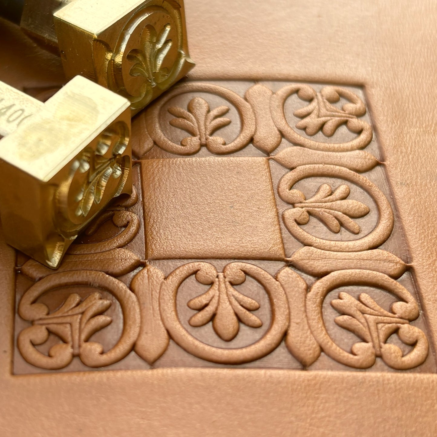 Leaf leather stamp LT140 — brass stamping tool with imprint on natural veg-tan leather