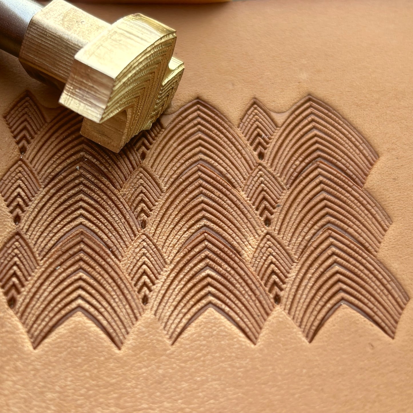 Layered Chevron Geometric leather stamp LT141 — brass stamping tool with imprint on natural veg-tan leather