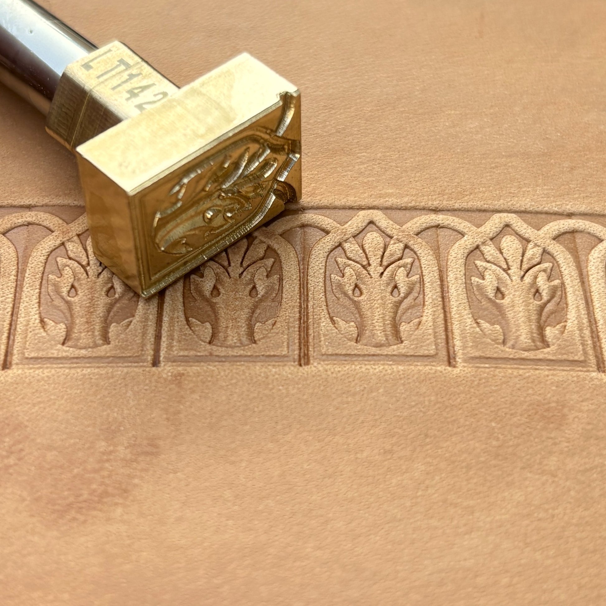 Gothic Arch Oak Leaf leather stamp LT142 — brass stamping tool with imprint on natural veg-tan leather