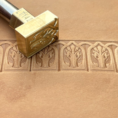 Gothic Arch Oak Leaf leather stamp LT142 — brass stamping tool with imprint on natural veg-tan leather