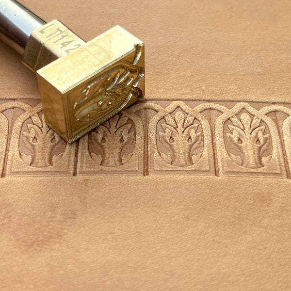 Gothic Arch Oak Leaf leather stamp LT142 — brass stamping tool with imprint on natural veg-tan leather