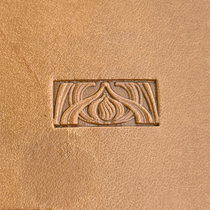 Art Deco leather stamp LT143 — single impression on veg-tan leather