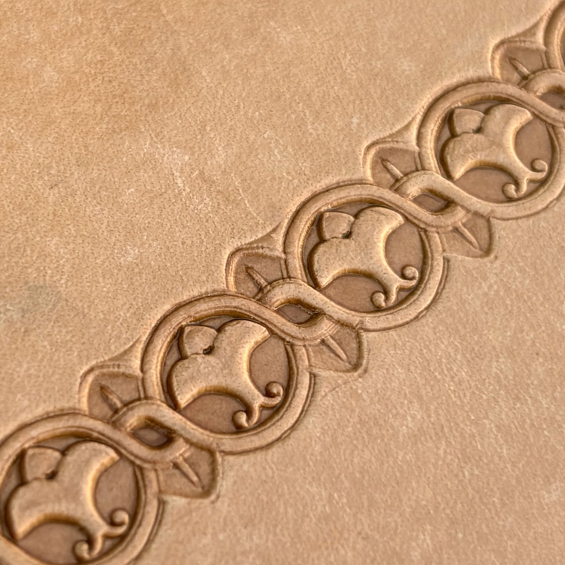Circular Border leather stamp LT144 — imprint on natural veg-tan leather