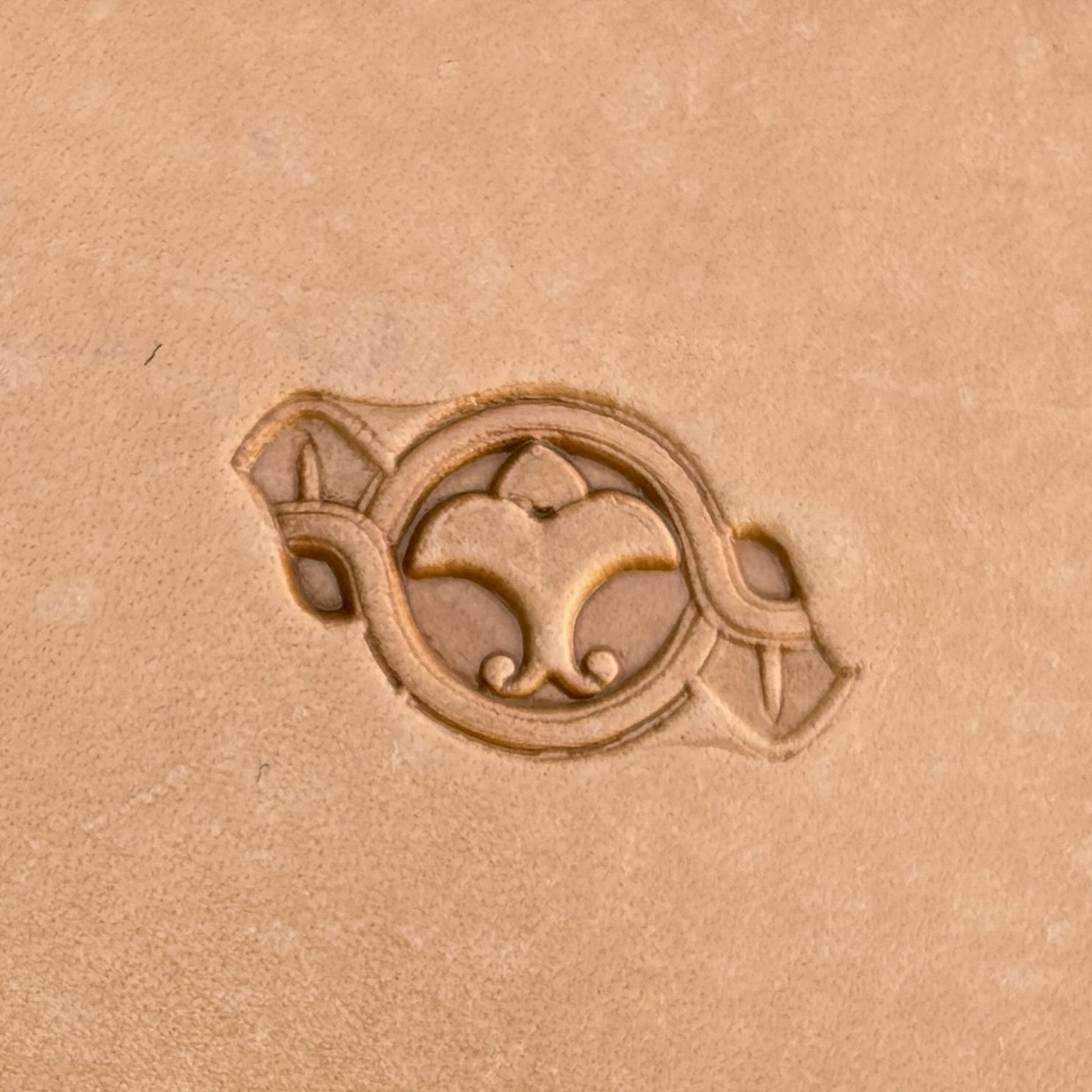 Circular Border leather stamp LT144 — single impression on veg-tan leather