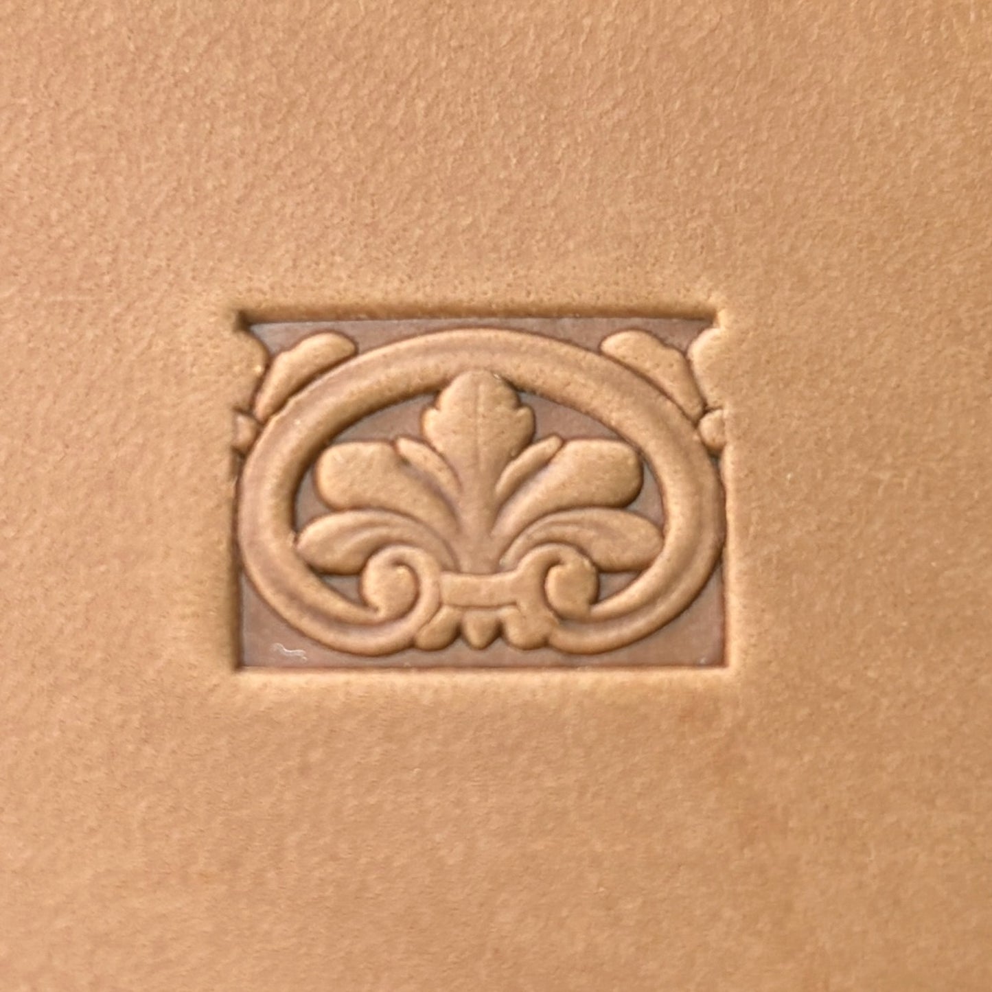 Ornate leather stamp LT146 — single impression on veg-tan leather