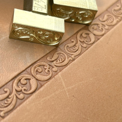 Ornamental Border 1 leather stamp LT147 — brass stamping tool with imprint on natural veg-tan leather