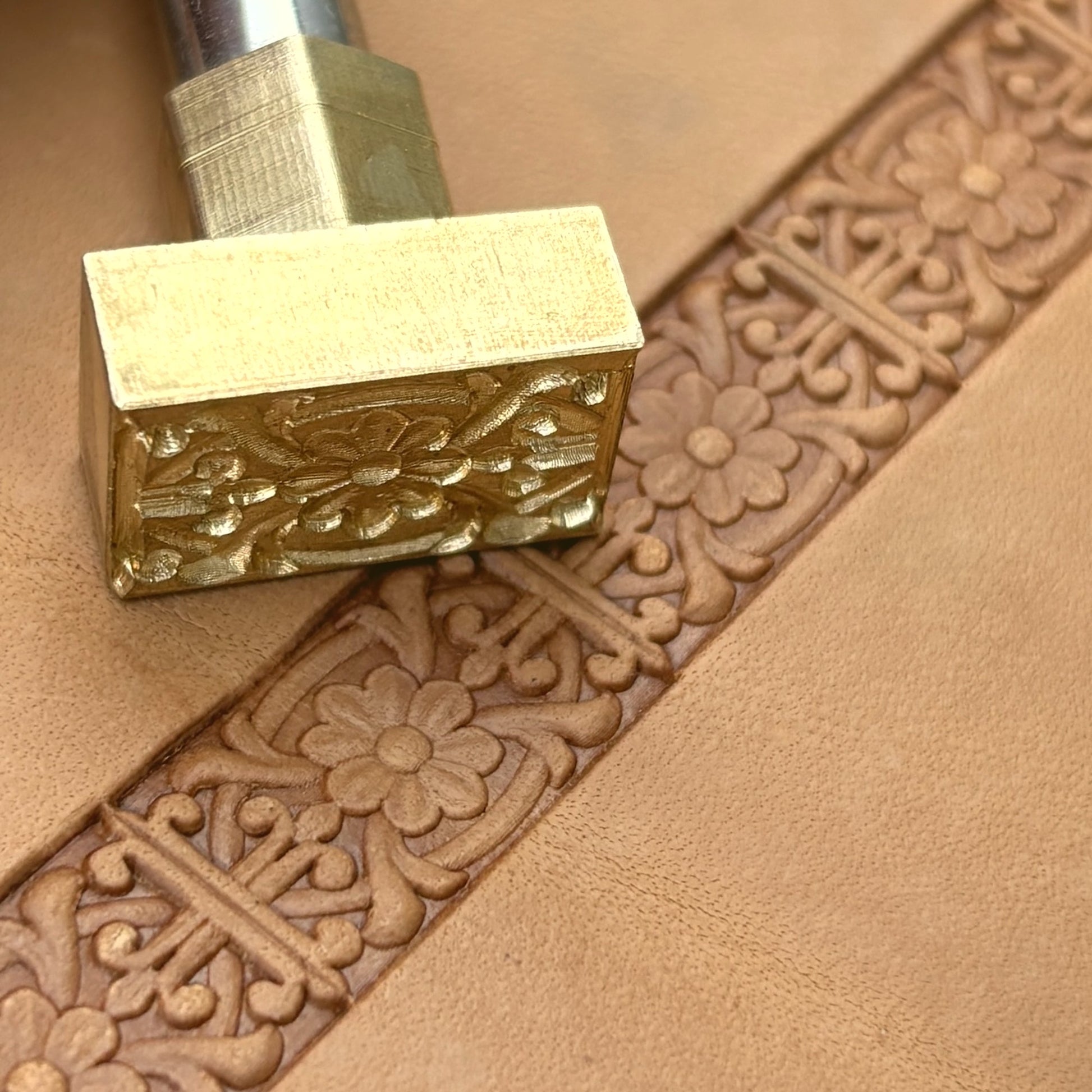 Ornate Flower leather stamp LT148 — brass stamping tool with imprint on natural veg-tan leather