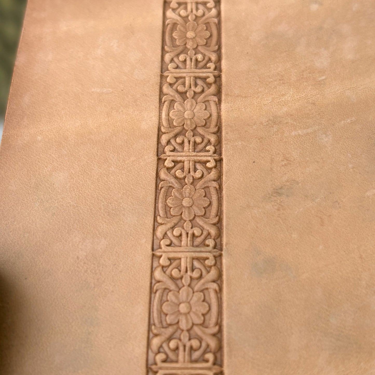 Ornate Flower leather stamp LT148 — single impression on veg-tan leather
