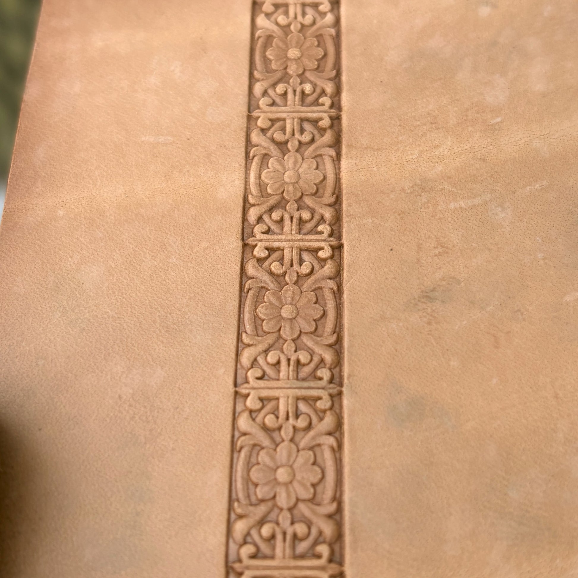Ornate Flower leather stamp LT148 — single impression on veg-tan leather