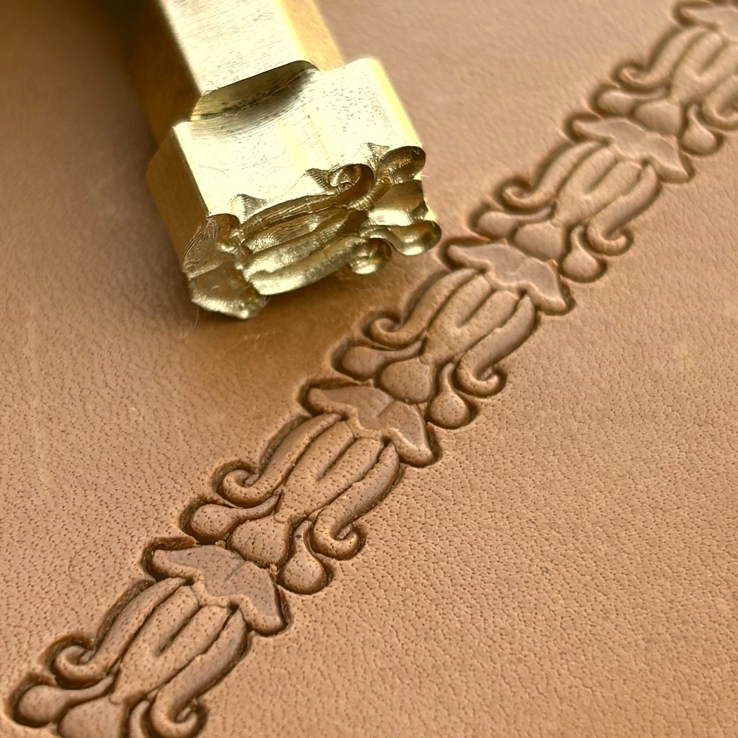 Ornate Border leather stamp LT154 — brass stamping tool with imprint on natural veg-tan leather