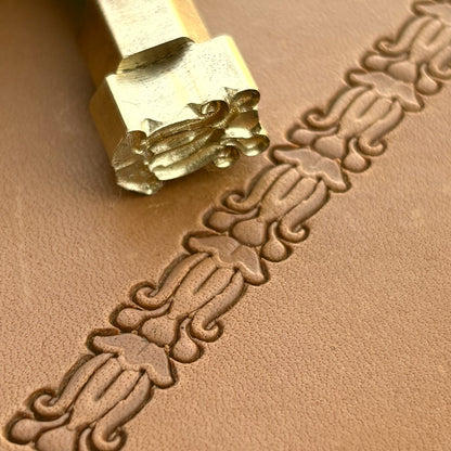 Ornate Border leather stamp LT154 — brass stamping tool with imprint on natural veg-tan leather