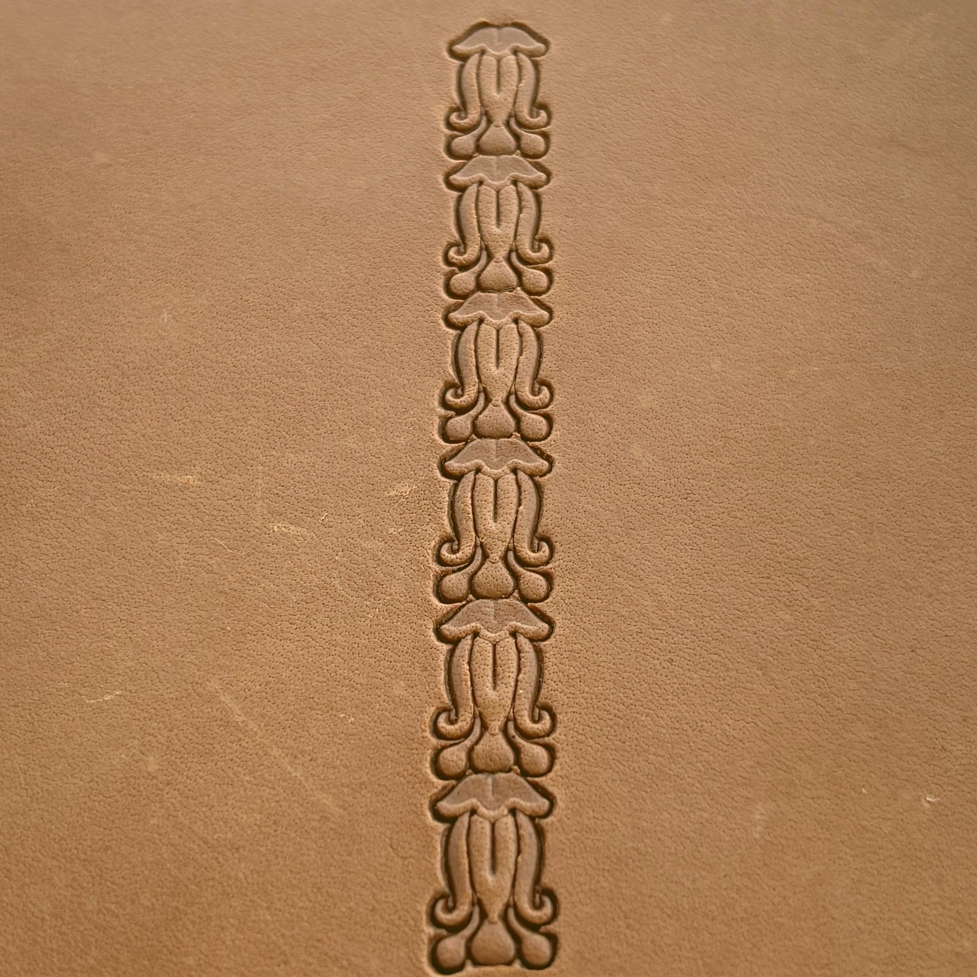 Ornate Border leather stamp LT154 — single impression on veg-tan leather