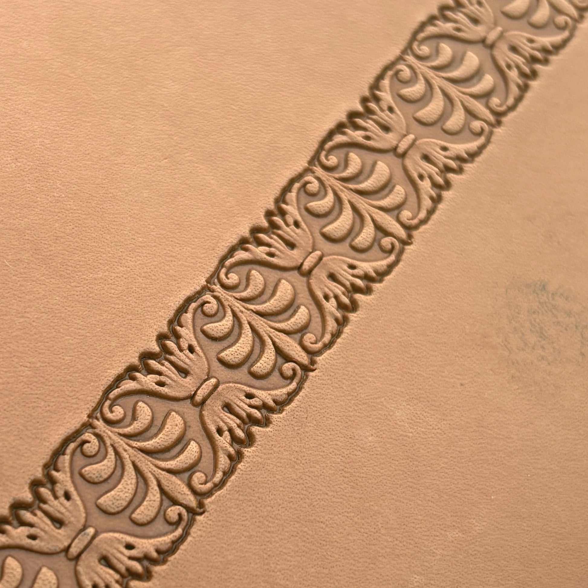 Ornate Border leather stamp LT159 — imprint on natural veg-tan leather