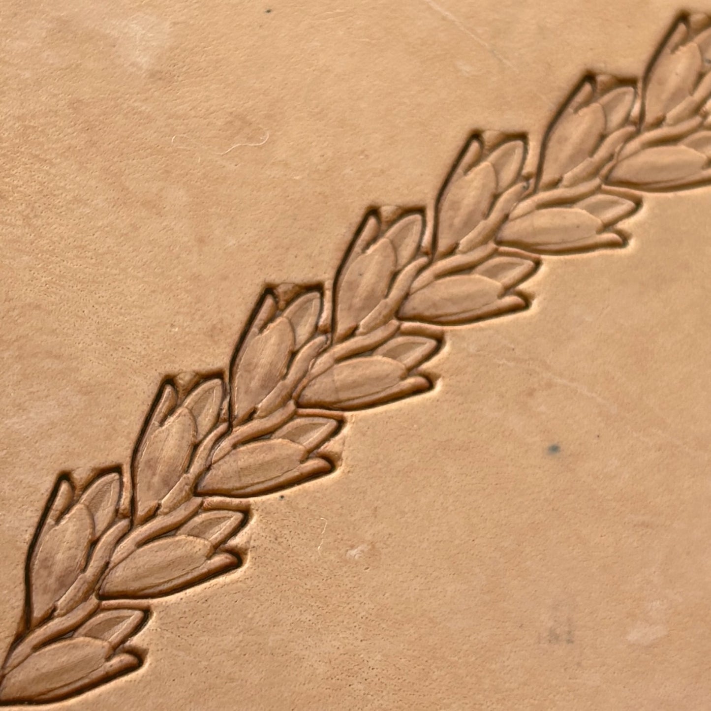 Leafy Wheat Garland leather stamp LT160 — single impression on veg-tan leather