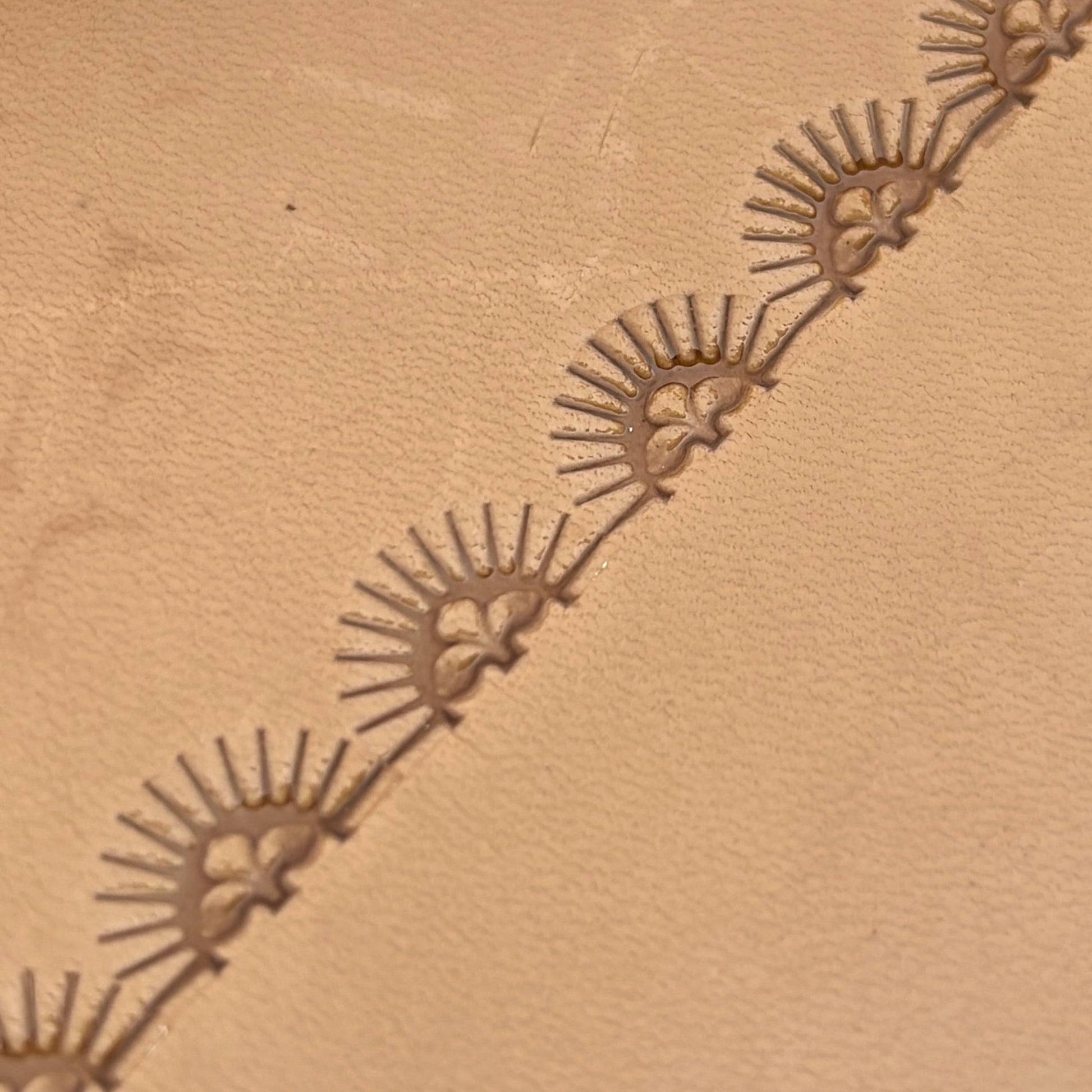Sunburst Border leather stamp LT164 — pattern imprint on veg-tan leather