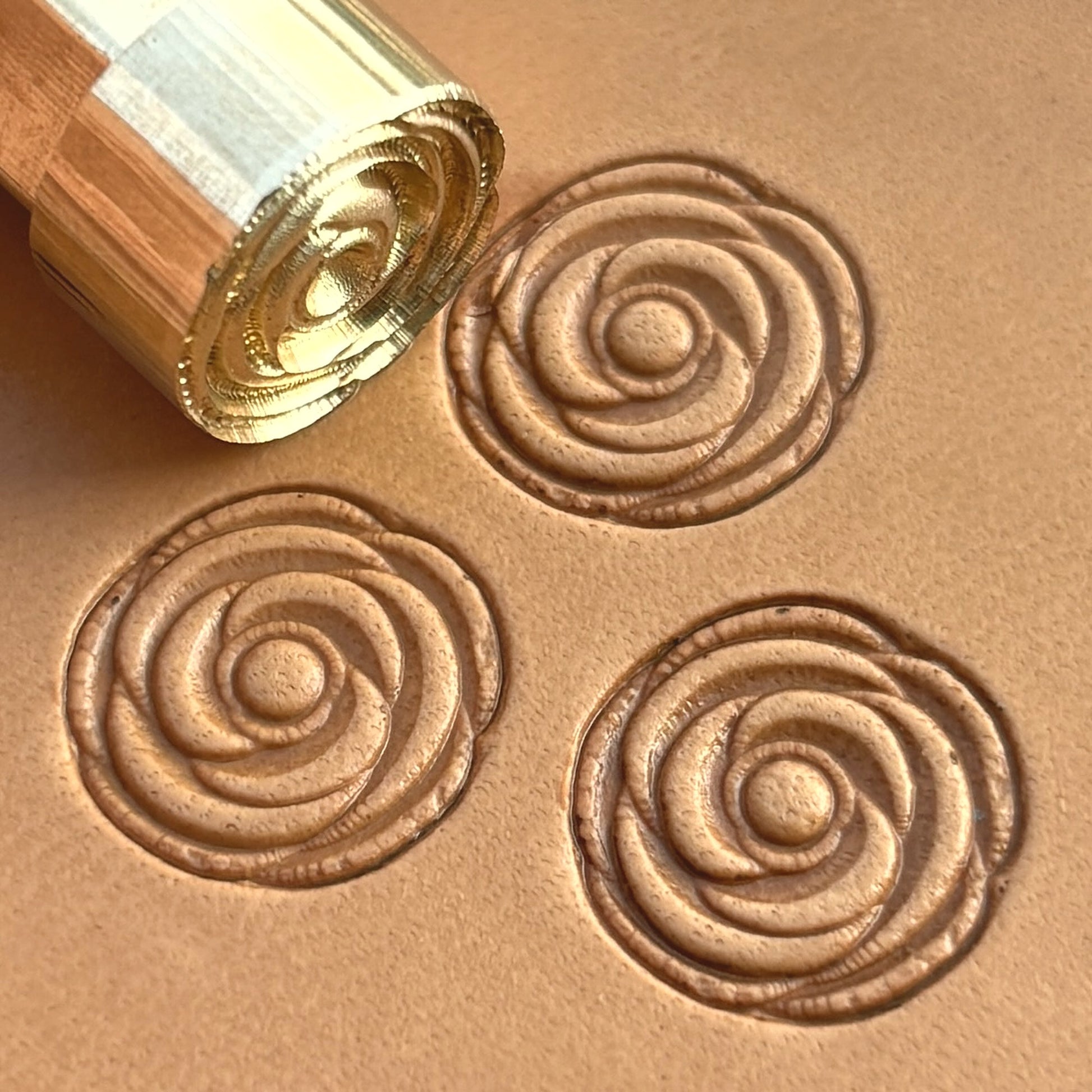Rose leather stamp LT165 — brass stamping tool with imprint on natural veg-tan leather