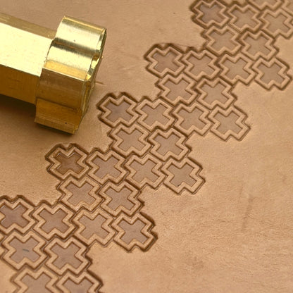 Cross Tiles Geometric leather stamp LT166 — brass stamping tool with imprint on natural veg-tan leather