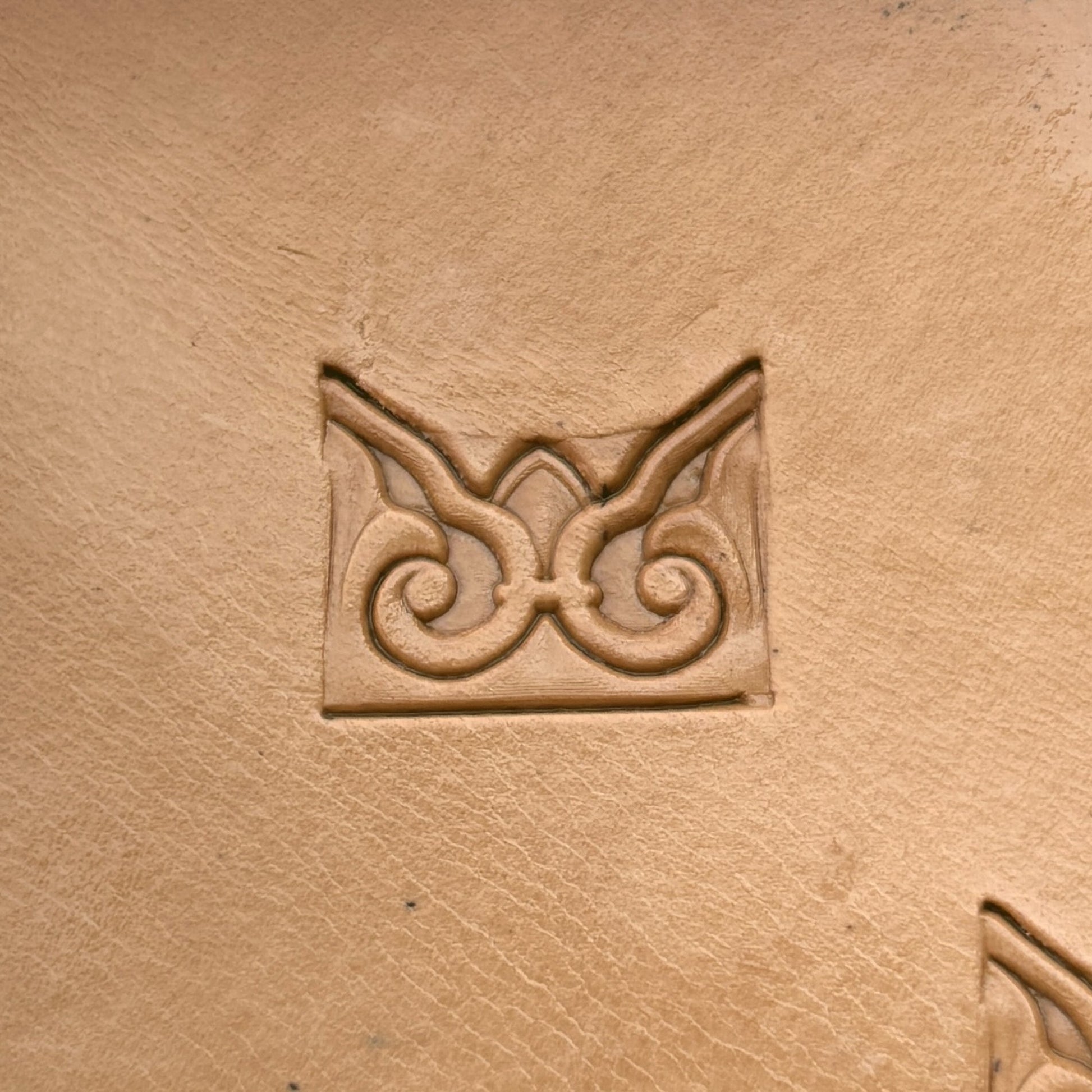 Ornate Border leather stamp LT167 — single impression on veg-tan leather