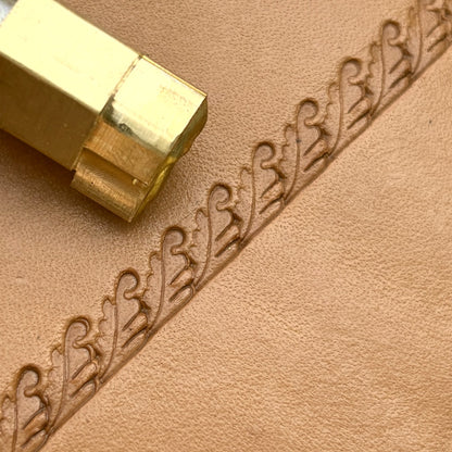 Border Trim Oak Leaf leather stamp LT168 — brass stamping tool with imprint on natural veg-tan leather