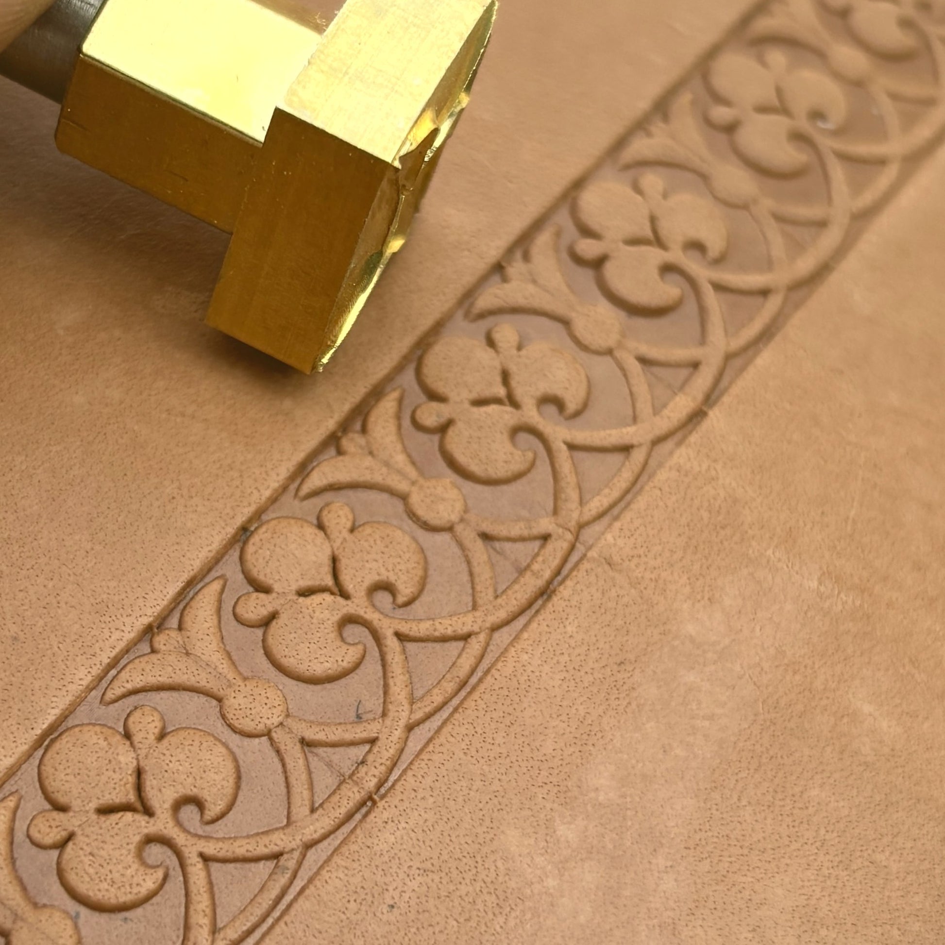 Ornate Square leather stamp LT169 — brass stamping tool with imprint on natural veg-tan leather