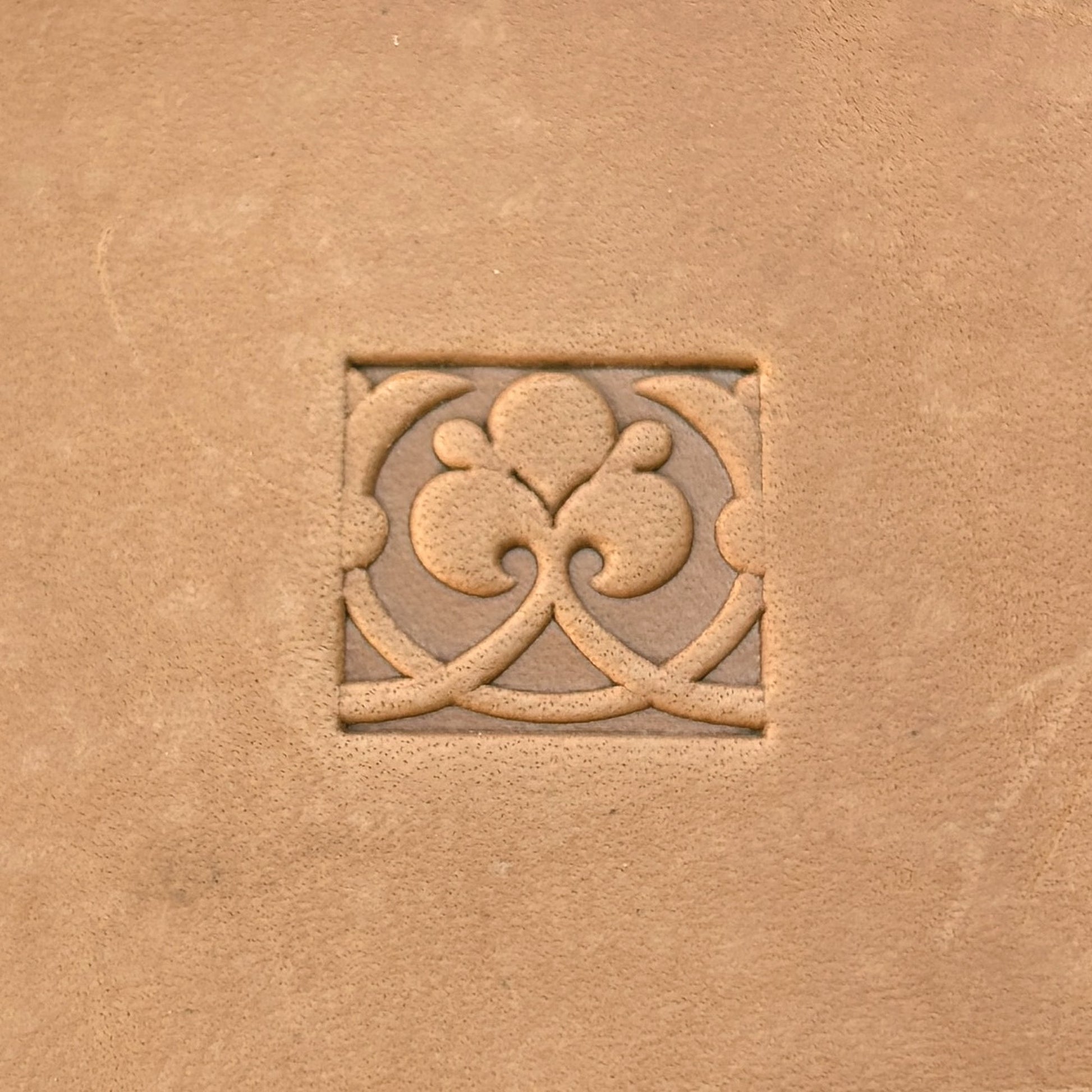 Ornate Square leather stamp LT169 — single impression on veg-tan leather