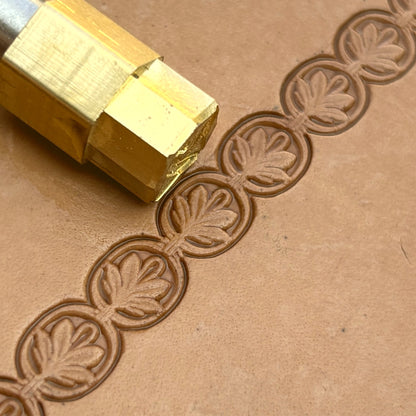 Double Oval 1 Leaf leather stamp LT170 — brass stamping tool with imprint on natural veg-tan leather