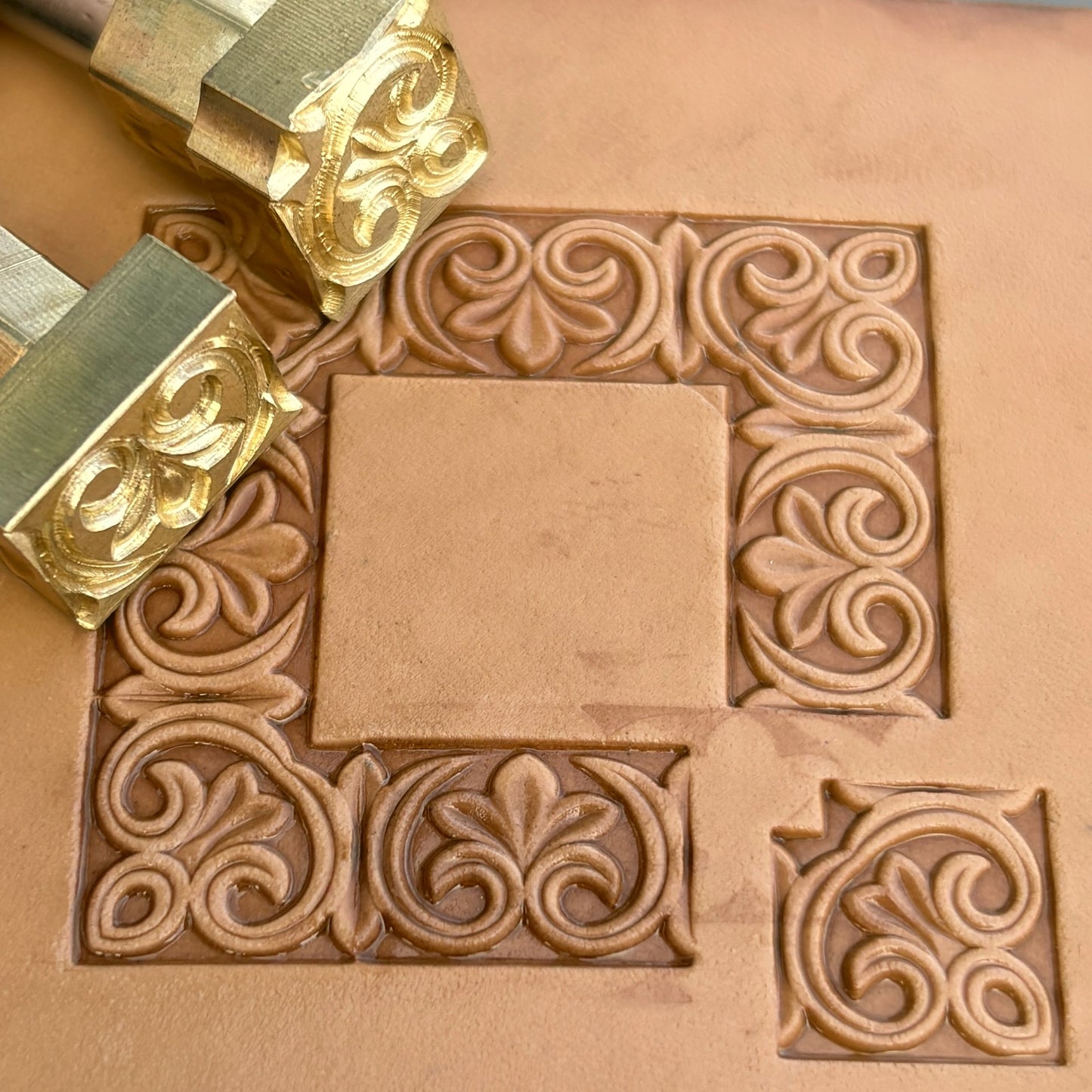 Ornamental Scroll leather stamp LT171 — brass stamping tool with imprint on natural veg-tan leather