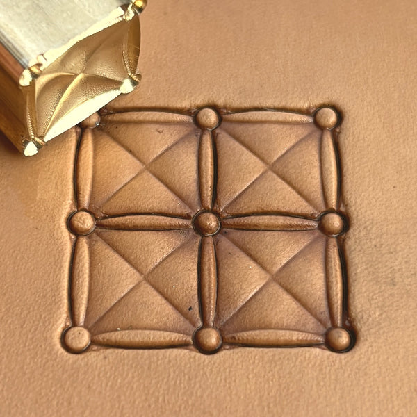 Geometric leather stamp LT172 — brass stamping tool with imprint on natural veg-tan leather