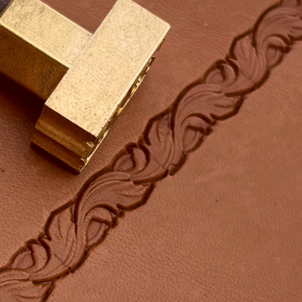 Border Leaf leather stamp LT173 — brass stamping tool with imprint on natural veg-tan leather