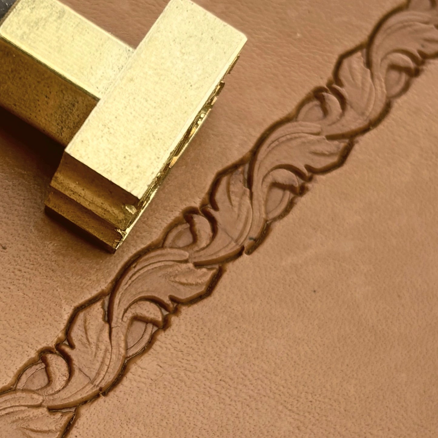 Border Leaf leather stamp LT173 — brass stamping tool with imprint on natural veg-tan leather