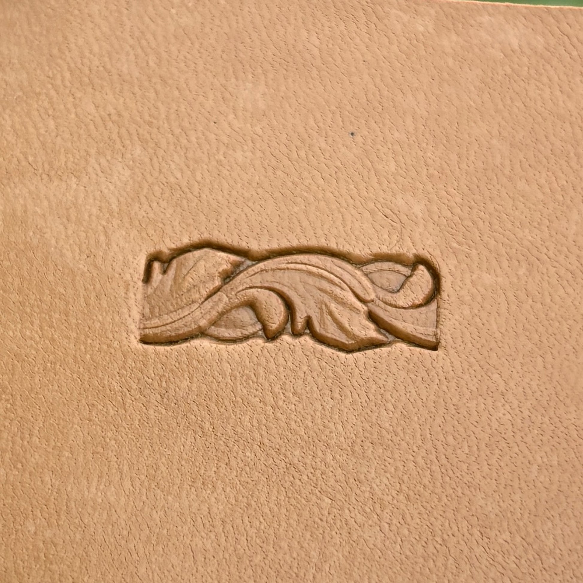 Border Leaf leather stamp LT173 — single impression on veg-tan leather