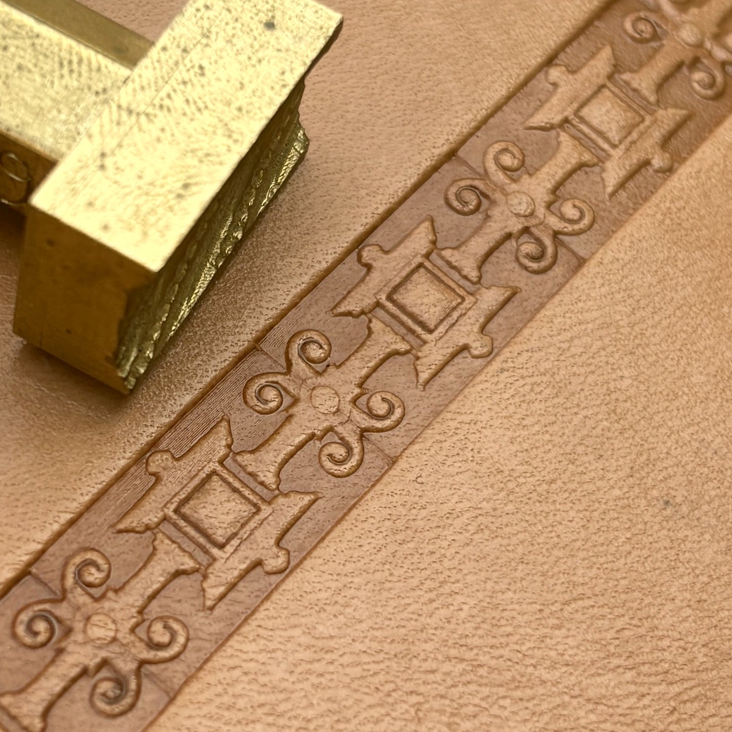 Ornate Border Geometric leather stamp LT175 — brass stamping tool with imprint on natural veg-tan leather