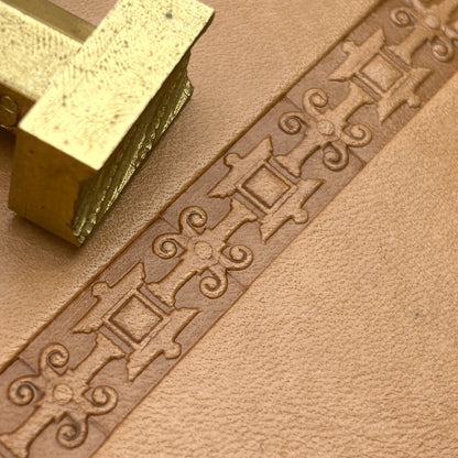 Ornate Border Geometric leather stamp LT175 — brass stamping tool with imprint on natural veg-tan leather
