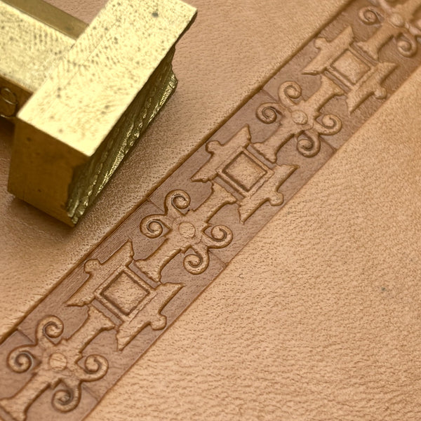 Ornate Border Geometric leather stamp LT175 — brass stamping tool with imprint on natural veg-tan leather