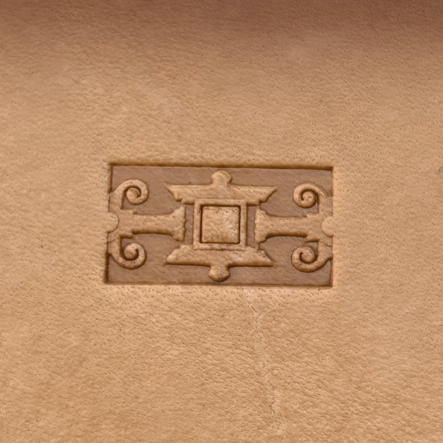Ornate Border Geometric leather stamp LT175 — single impression on veg-tan leather
