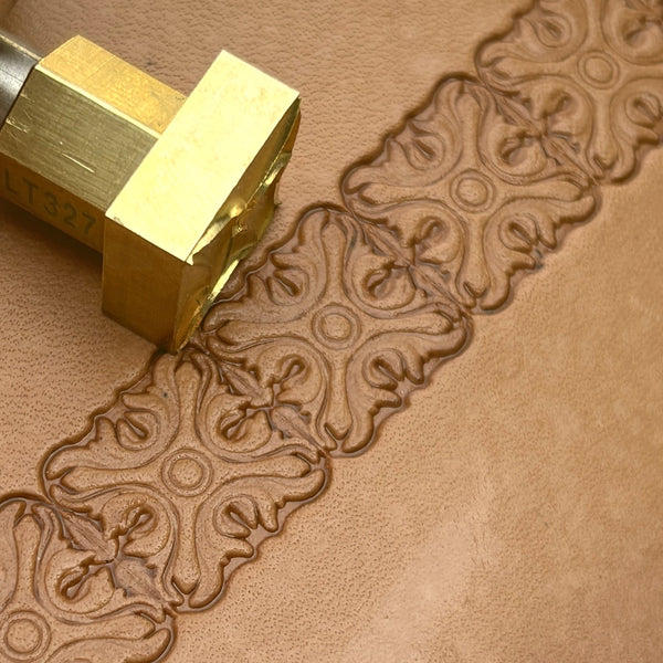 Ornate Border leather stamp LT176 — brass stamping tool with imprint on natural veg-tan leather